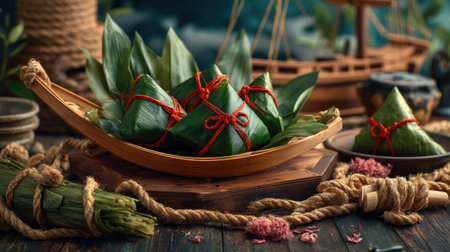 A beautifully arranged display of traditional rice dumplings wrapped in leaves, resting in a bamboo boat on a rustic wooden table, evokes culinary heritage.の素材