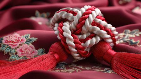 This image features a beautiful handcrafted knot made of red and white ribbons, resting on a luxurious fabric adorned with intricate floral embroidery. The visual showcases the fusion of traditional craftsmanship and elegant design, perfect for celebrations or decorative uses.の素材