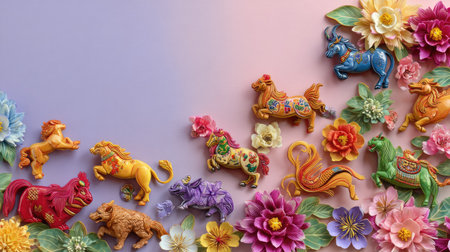 A lively composition featuring colorful animal figurines surrounded by beautiful floral decorations on a soft pastel background, perfect for festive designs.の素材
