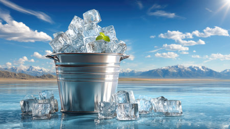 A glittering metal bucket filled with clear ice cubes and a fresh lime slice sits by a serene mountain lake under a vibrant blue sky, evoking a sense of refreshment and relaxation.の素材