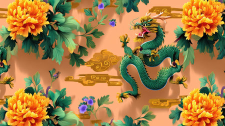 This detailed illustration features a vibrant green dragon entwined with colorful flowers in a traditional pattern. Ideal for decorative art and design.の素材