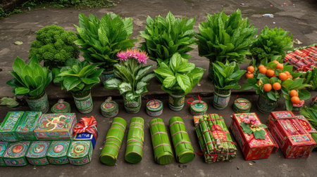 A vibrant collection of green plants and festive items arranged artistically on an outdoor surface, reflecting a cultural celebration. Bright elements create a joyful atmosphere.の素材
