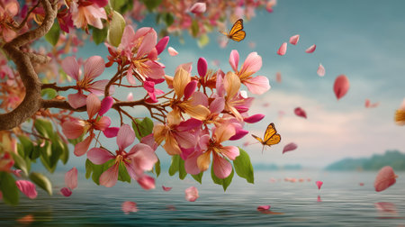 A tranquil scene featuring a beautiful branch of pink flowers with butterflies fluttering over calm waters, creating a serene and peaceful atmosphere.の素材