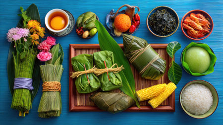 A beautiful spread of fresh ingredients and delightful snacks arranged on a blue background, showcasing colorful vegetables, herbs, fruits, and traditional delicacies, perfect for cultural celebration or culinary inspiration.の素材