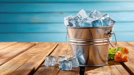A charming metal bucket filled with ice cubes sits on a wooden table, complemented by a floral accent against a bright blue background, evoking freshness.の素材