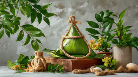 A beautifully styled traditional Asian festive dish wrapped in green leaves, showcased amid lush greenery and natural elements on a rustic wooden board.の素材