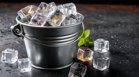 A rustic metallic bucket filled with clear ice cubes glistening under soft light, surrounded by mint leaves on a dark textured surface, ideal for drink presentations.の素材