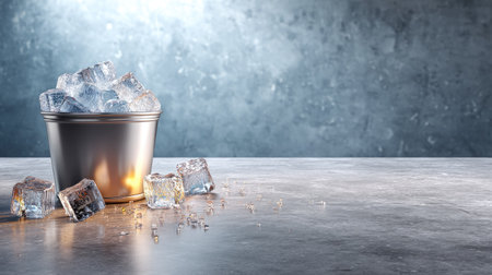 A visually appealing arrangement of ice cubes in a silver bucket surrounded by melting ice, emphasizing cold refreshment and elegant styling.の素材