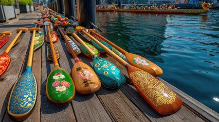 A collection of beautifully crafted oars sits on a dock, showcasing vibrant colors and floral designs that reflect in the calm water, creating a serene atmosphere.の素材