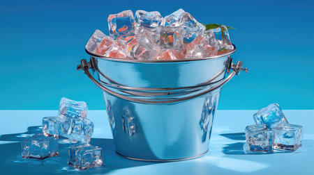 A stunning metallic bucket filled with clear ice cubes and fresh mint leaves creates a vibrant and refreshing scene. Ideal for summer beverages and gatherings.の素材
