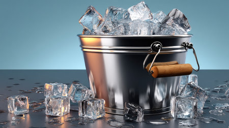 A stainless steel bucket filled with sparkling ice cubes sits on a blue background, perfect for refreshing drinks, cocktails, or summer parties.の素材