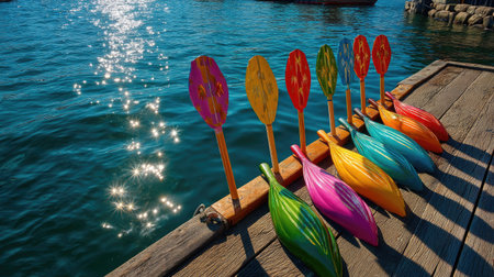 A striking display of colorful kayak paddles arranged neatly on a dock, capturing the essence of outdoor adventure and summer leisure by the sparkling water.の素材