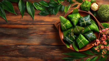 A beautiful arrangement of traditional leaf wrapped food placed in a wooden bowl surrounded by vibrant green leaves, showcasing cultural culinary art.の素材