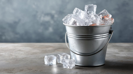 A silver bucket filled with clear ice cubes sits on a textured gray background, perfect for showcasing drinks or party preparations. Ideal for summer events.の素材