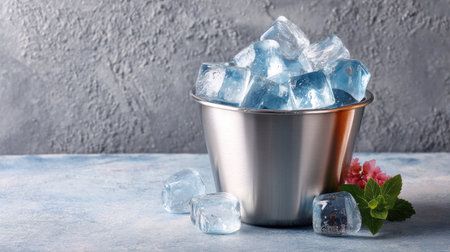 A visually appealing arrangement of clear ice cubes in a silver bucket accompanied by fresh mint leaves and a flower, perfect for refreshing beverages.の素材