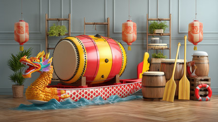 This lively image features a vibrant dragon boat adorned with traditional drums and illuminated lanterns, perfect for celebrating cultural festivals and events.の素材