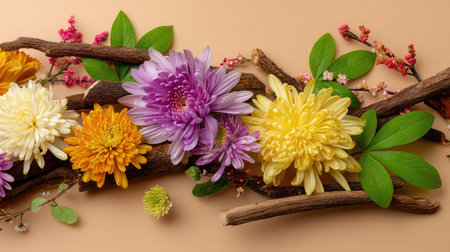 A captivating floral arrangement showcasing vibrant chrysanthemums in orange, yellow, and purple hues, complemented by natural wooden twigs and green leaves.の素材