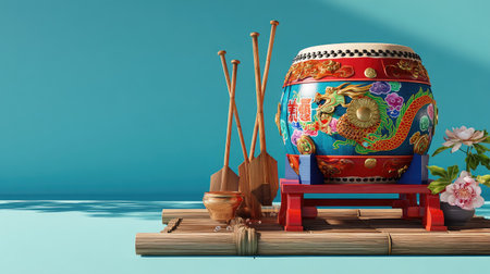 A vibrant Chinese drum adorned with intricate designs, placed beside bamboo sticks and flowers, showcasing cultural artistry against a soothing blue background.の素材