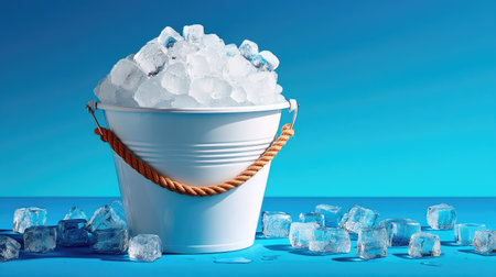 A visually striking ice bucket filled with crystal-clear ice cubes against a vibrant blue backdrop, perfect for summer events and refreshing beverage displays.の素材