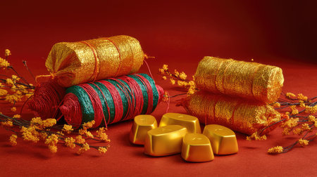 This captivating image features vibrant gold and red threads alongside decorative flowers, ideal for creative projects or festive celebrations.の素材