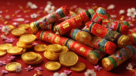 A vibrant arrangement of colorful red firecrackers and shiny gold coins symbolizes prosperity and luck for the Chinese New Year celebration.の素材