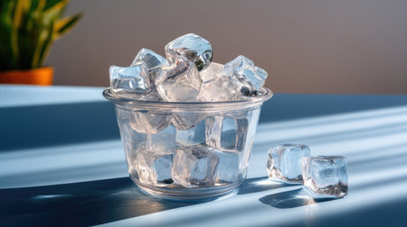 This image features a bowl filled with clear ice cubes under natural light, showcasing their clarity and coldness on a minimalist surface.の素材