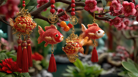 Vibrant red fish ornaments hanging gracefully from a cherry blossom tree branch create a beautiful and cultural decor piece in a lush garden landscape.の素材
