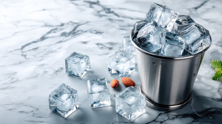 A stylish arrangement of clear ice cubes in a metal bucket, with almonds and fresh mint on a polished marble surface, ideal for beverage cooling.の素材