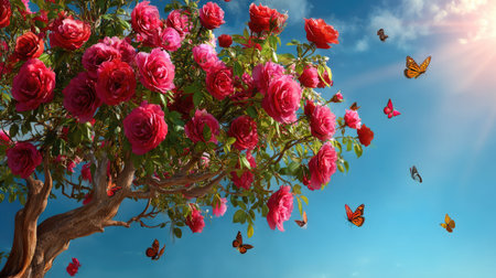 A stunning display of vibrant pink roses blossoms on a tree, surrounded by butterflies flying in a serene blue sky, radiating warmth and beauty.の素材