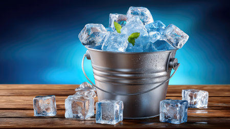 A visually appealing image showcasing a silver bucket filled with clear ice cubes and fresh mint leaves, set against a soft blue background.の素材