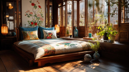 Explore a serene bedroom interior featuring floral decor, wooden furniture, and abundant natural light, creating a cozy and inviting atmosphere.の素材