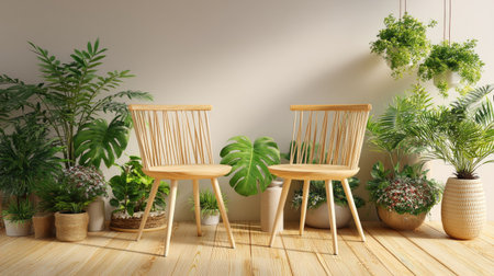 A stylish and serene indoor setting featuring two wooden chairs surrounded by a variety of lush green plants. Perfect for a cozy and inviting atmosphere.の素材