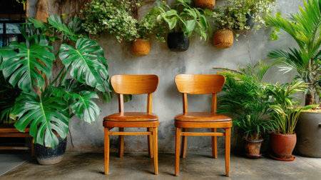 Discover the beauty of simplicity with these elegant wooden chairs nestled among vibrant indoor plants, creating a serene and inviting atmosphere for relaxation.の素材