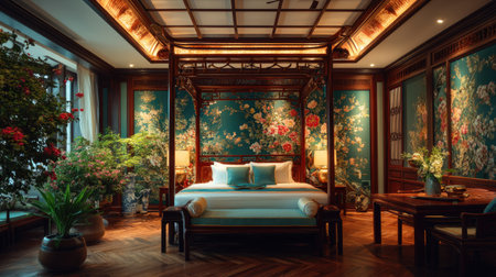 This stunning bedroom features elegant Chinese decor with vibrant floral wallpaper, traditional wooden furniture, and serene plants, offering a cozy and inviting atmosphere.の素材