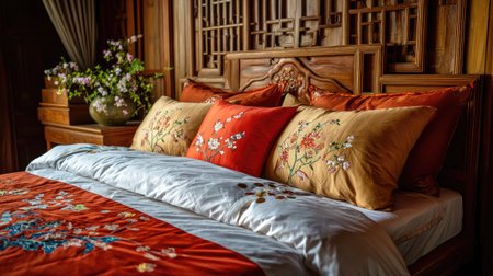 This captivating image features a beautifully arranged bed with intricate embroidered pillows, rich textures, and a warm ambiance, perfect for a cozy retreat.の素材