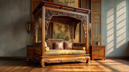 Explore the beauty of this elegant traditional ornate wooden canopy bed, nestled in a serene Asian-inspired room, showcasing exquisite craftsmanship and rich details.の素材