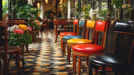 This image showcases a charming cafe interior featuring colorful vintage chairs and vibrant floral arrangements, creating a cozy and inviting atmosphere for relaxation.の素材