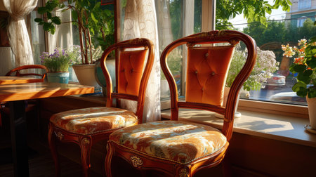 A pair of elegant vintage chairs set near a sunlit window in a cozy cafe, surrounded by plants and flowers, creating a warm and inviting space perfect for relaxation.の素材