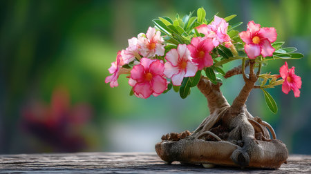 This stunning image captures a bonsai tree adorned with charming pink flowers, creating a serene scene filled with natural beauty and tranquility.の素材