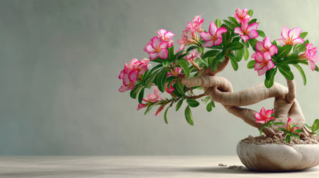 A captivating desert rose bonsai tree showcasing vibrant pink blooms in an artistic pot. This image highlights the intricate beauty of nature and floral elegance.の素材