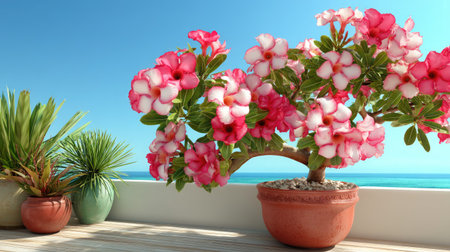 A beautiful scene featuring a vibrant pink flowering plant in a pot, with an ocean view on a bright sunny day, enhancing the tranquility and beauty of outdoor spaces.の素材