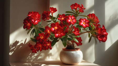 A stunning display of vibrant red desert rose blooms creates a captivating focal point in an indoor setting, beautifully illuminated by natural light.の素材