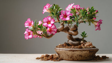 This stunning desert rose bonsai features vibrant pink flowers nestled in a beautifully textured pot, perfect for home decor, gardening enthusiasts, or nature lovers.の素材