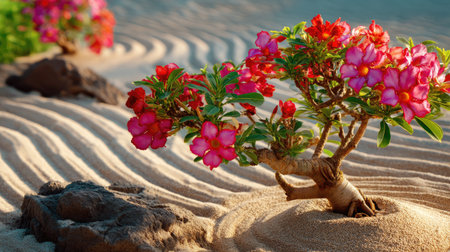 A captivating display of vibrant pink flowers emerging from sandy terrain, surrounded by subtle curves and patterns, capturing the essence of nature's beauty.の素材