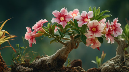 This stunning image features a pink and white flowering plant in a beautifully crafted bonsai style. Set against a soft green background, it evokes tranquility and the beauty of nature.の素材