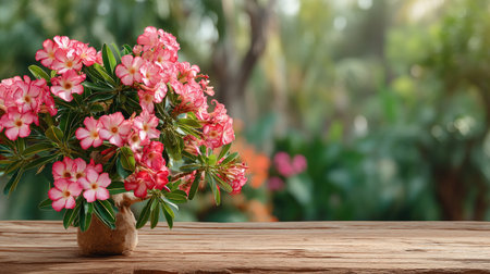 A vibrant display of blooming pink flowers in a decorative pot sits on a rustic wooden table. The serene garden backdrop enhances the soothing ambiance.の素材