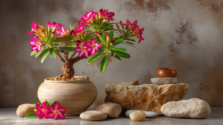 A stunning bonsai plant showcases vibrant pink flowers in a rustic pot, harmonizing beautifully with smooth stones against a textured background. Perfect for decor.の素材