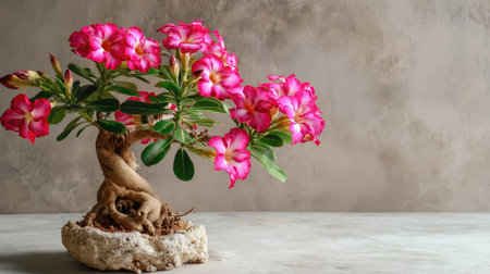 A stunning bonsai plant featuring vibrant pink flowers against a neutral backdrop, perfect for enhancing home aesthetics or inspiring creativity in any space.の素材