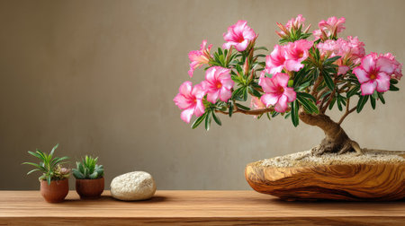 A serene arrangement featuring a pink flowering bonsai alongside two small succulent plants on a wooden surface, perfect for enhancing any interior space with natural beauty.の素材