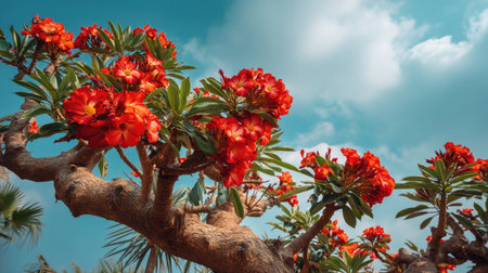 A stunning display of vibrant orange blooms on a flowering tree, set against a backdrop of clear blue sky and fluffy white clouds. This captivating image showcases the beauty of nature.の素材
